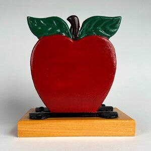 Vintage Red Apple Cast Iron Napkin Letter Mail Holder with Wooden Base – Heavy